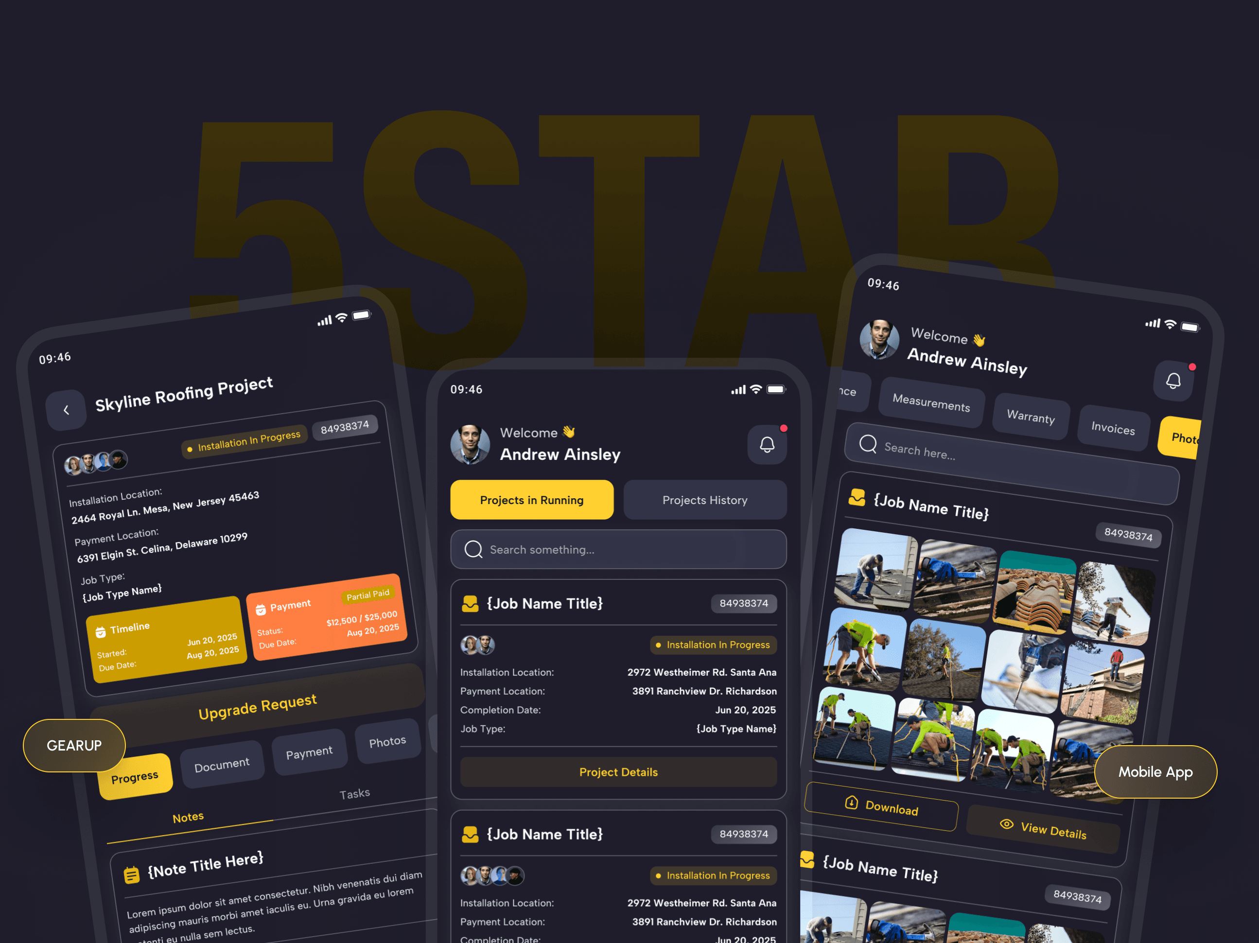 Five-Star Roofing architectural diagram and app UI flow